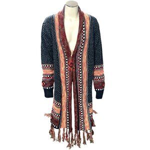 CCC Bohemian Aztec Tribal Print Knit Cardigan Fringe Multicolor Pattern Sweater